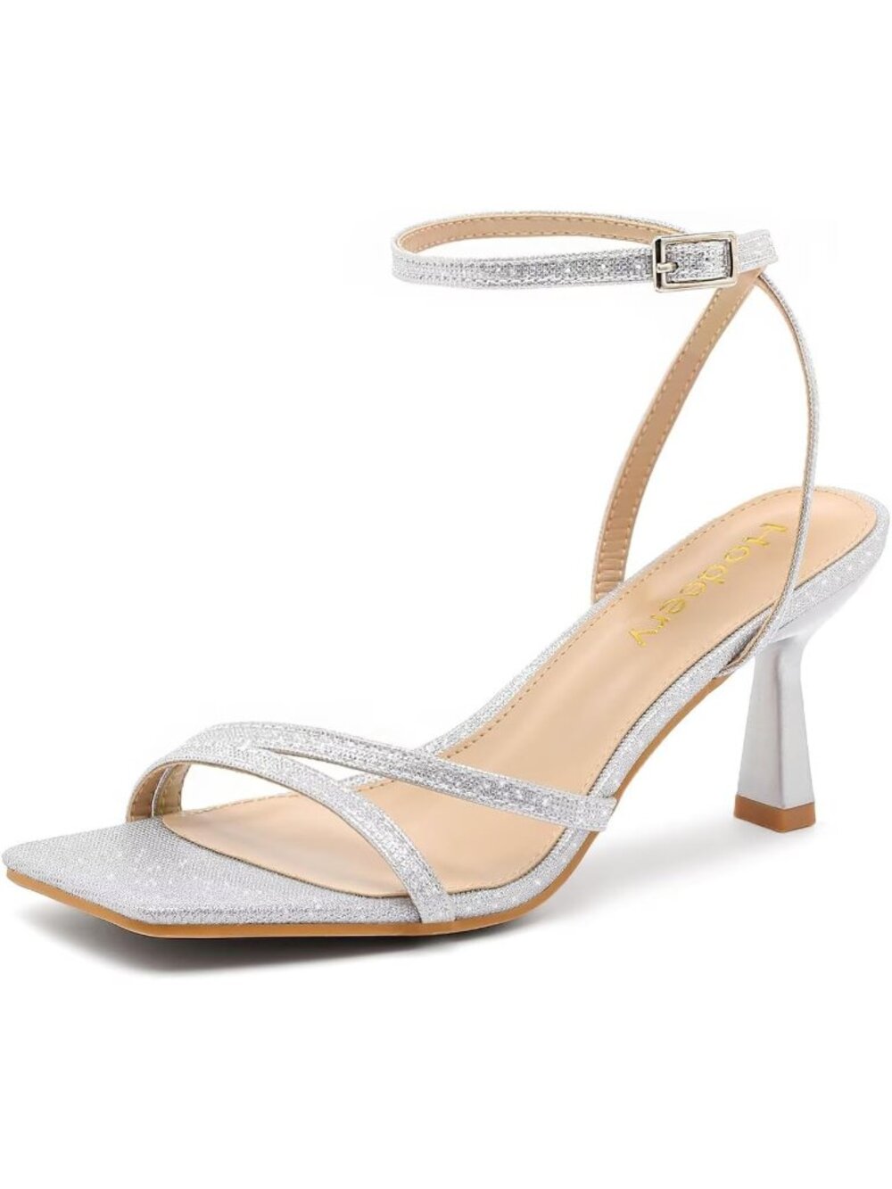 〽️Women Silver Strappy Square Toe Kitten Heels Ankle Strap Wedding Party Sandals